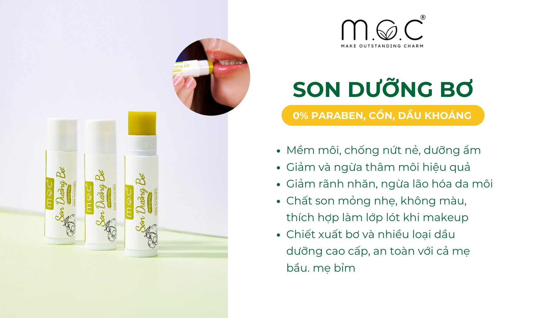 Son dưỡng bơ không màu M.O.C mềm môi, giảm và ngừa thâm môi hiệu quả từ bơ và dầu dưỡng cao cấp