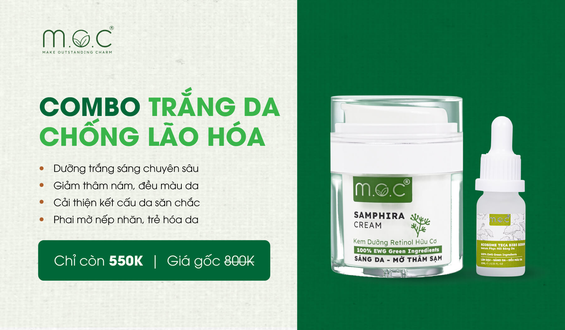 Combo trắng da, chống lão hóa M.O.C