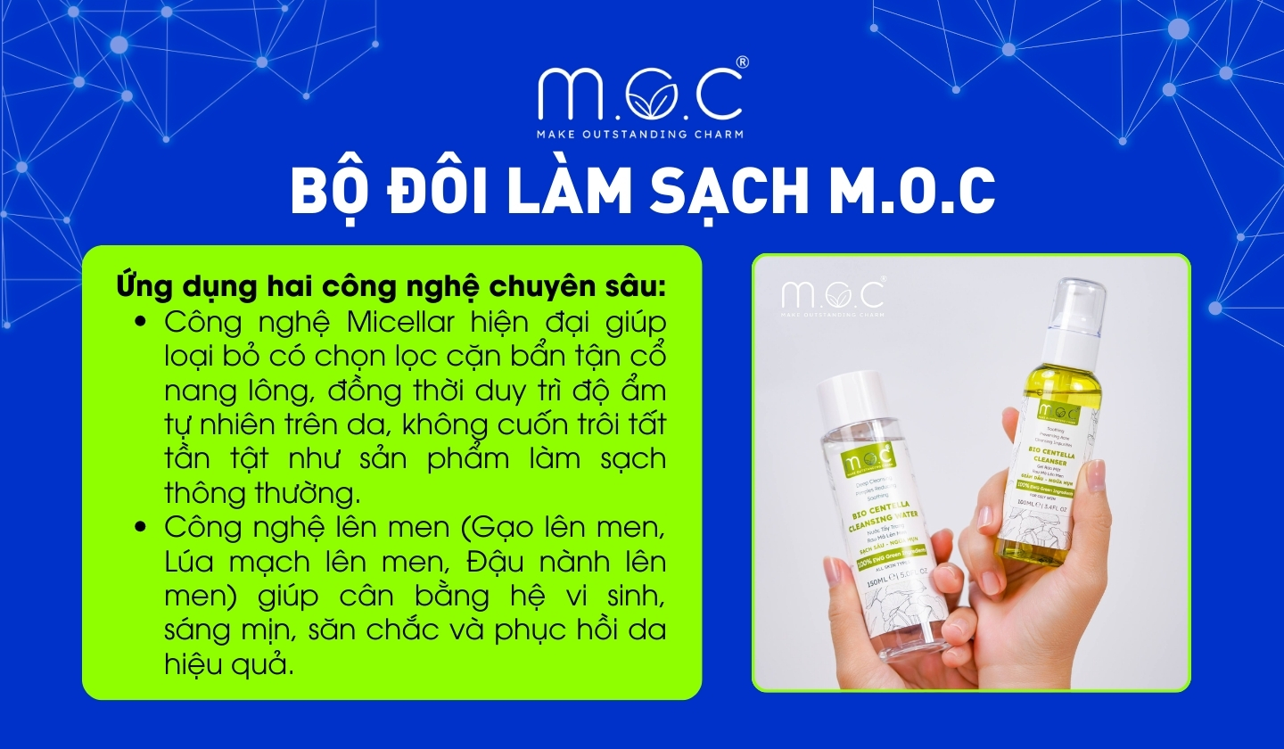 Bộ đôi làm sạch kép M.O.C gồm Nước tẩy trang và Gel rửa mặt ngừa mụn