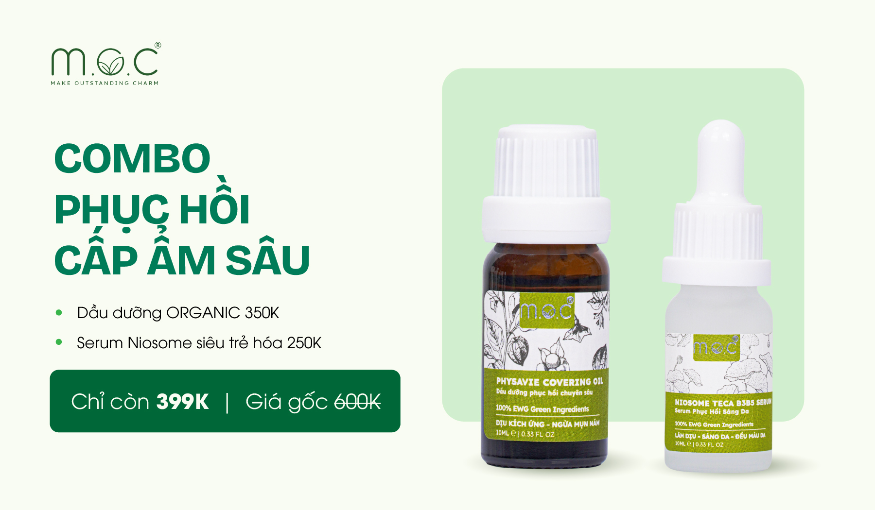 Combo phục hồi, cấp ẩm sâu M.O.C gồm có: Dầu dưỡng Organic, Serum phục hồi sáng khỏe Niosome