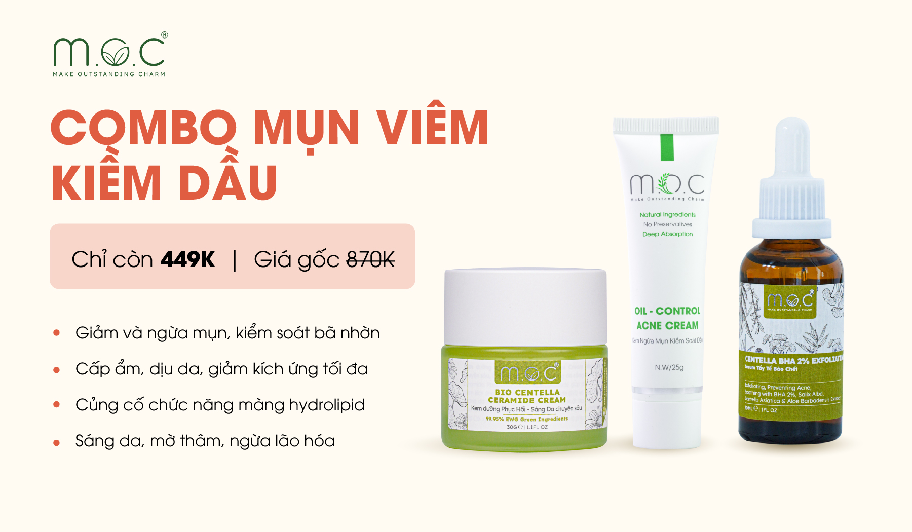 Combo mụn viêm, kiềm dầu M.O.C