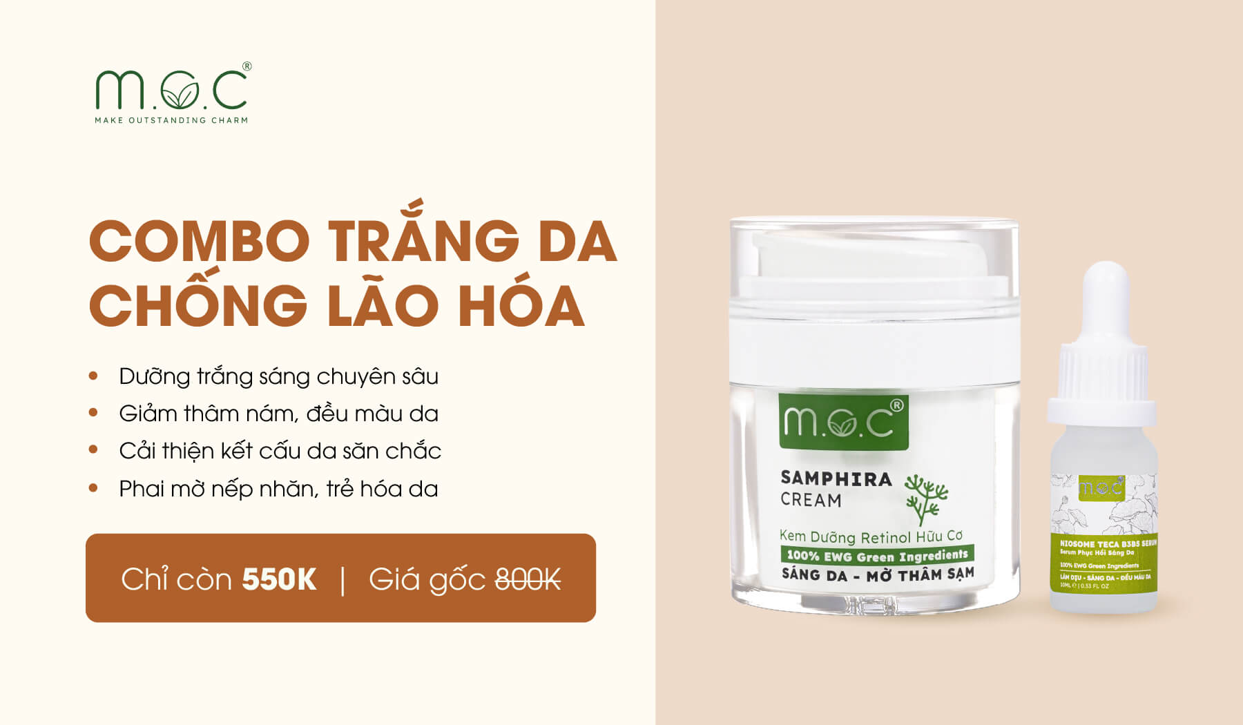 Combo trắng da, chống lão hóa da M.O.C