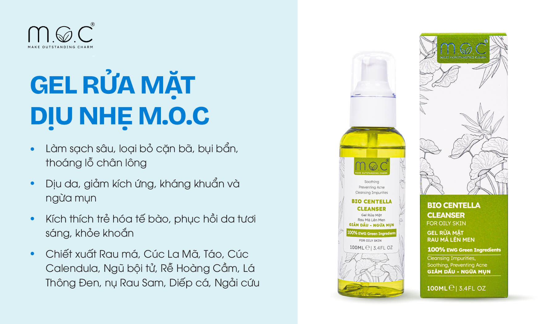 Sữa rửa mặt M.O.C dạng gel làm sạch dịu nhẹ, ngừa mụn