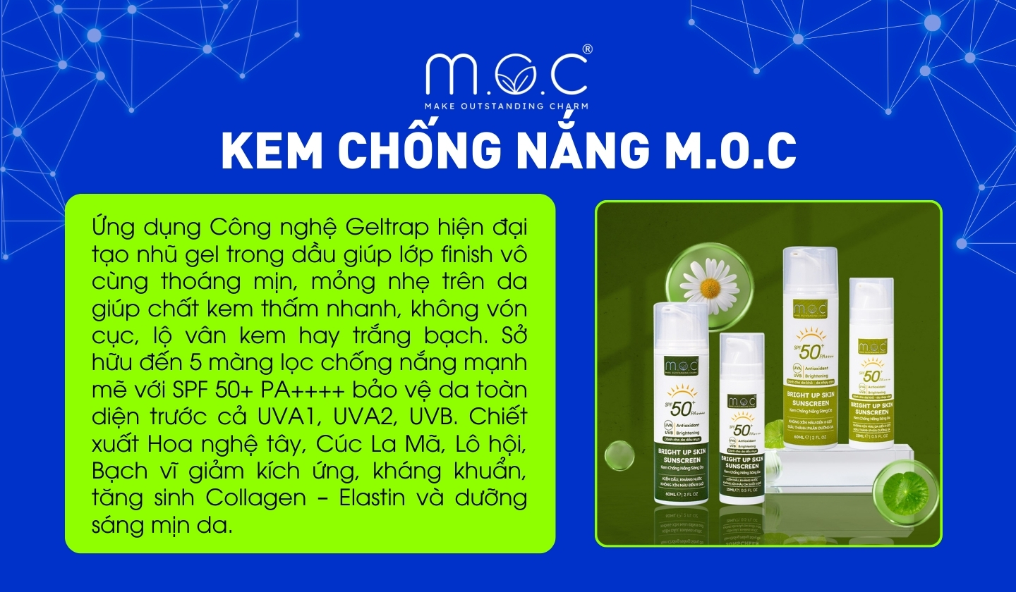 Kem chống nắng M.O.C ứng dụng công nghệ Geltrap giúp kem thấm nhanh, dễ tán, ráo mịn trên da