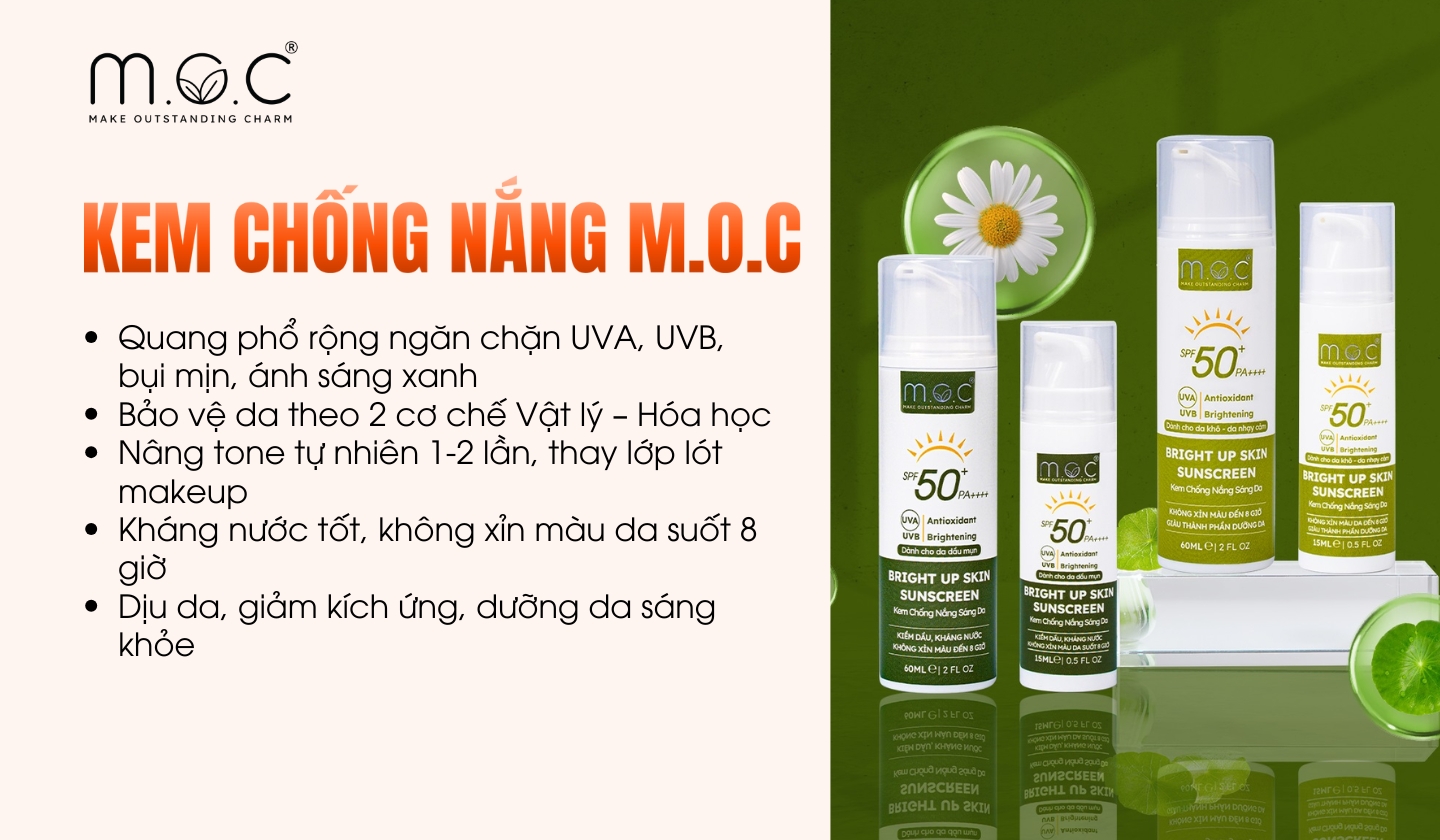 Kem chống nắng M.O.C giúp ngăn chặn hiệu quả UVA1, UVA2, UVB