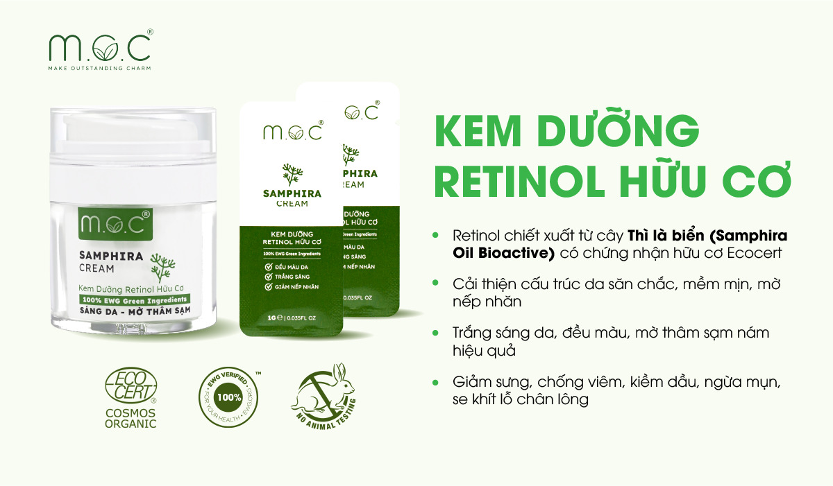 M.O.C Samphira Cream chứa Retinol hữu cơ dịu lành với mọi làn da, kể cả da nhạy cảm