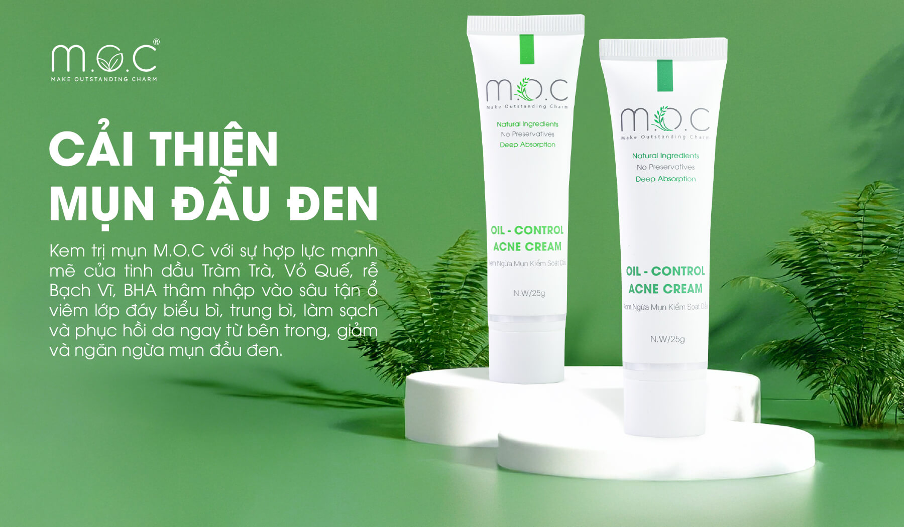 Kem giảm mụn M.O.C giúp cải thiện các loại mụn trứng cá cứng đầu, bao gồm mụn đầu đen