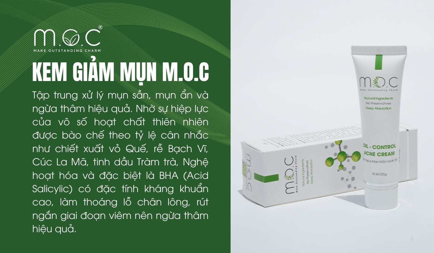 Kem giảm mụn M.O.C giúp gom cồi mụn nhanh và rút ngắn giai đoạn viêm