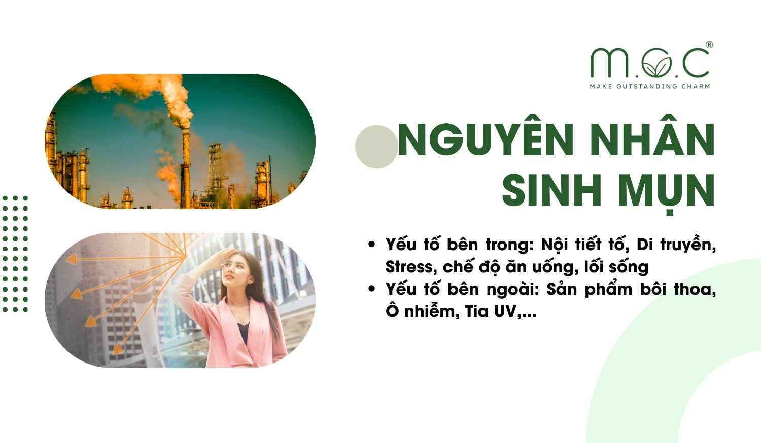 Có nhiều nguyên nhân gây ra mụn, gồm cả nguyên nhân bên trong và bên ngoài