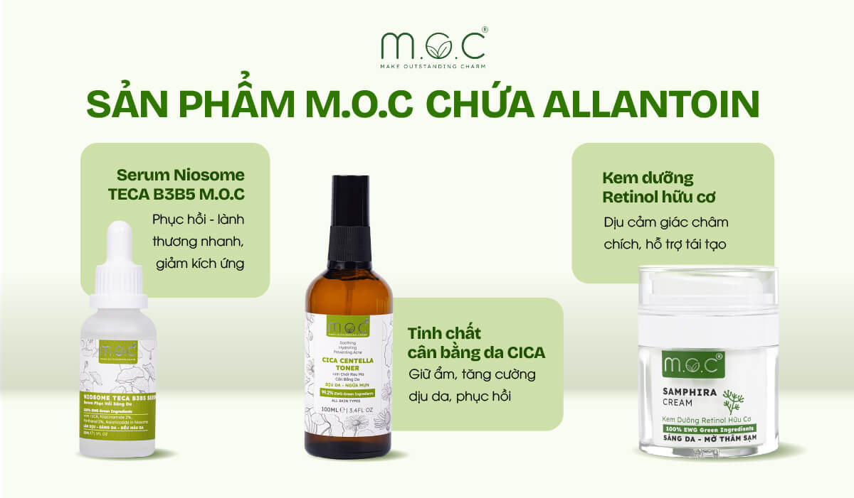 Sản phẩm M.O.C chứa Allantoin: Serum Niosome, Toner Cica, Kem dưỡng Retinol hữu cơ