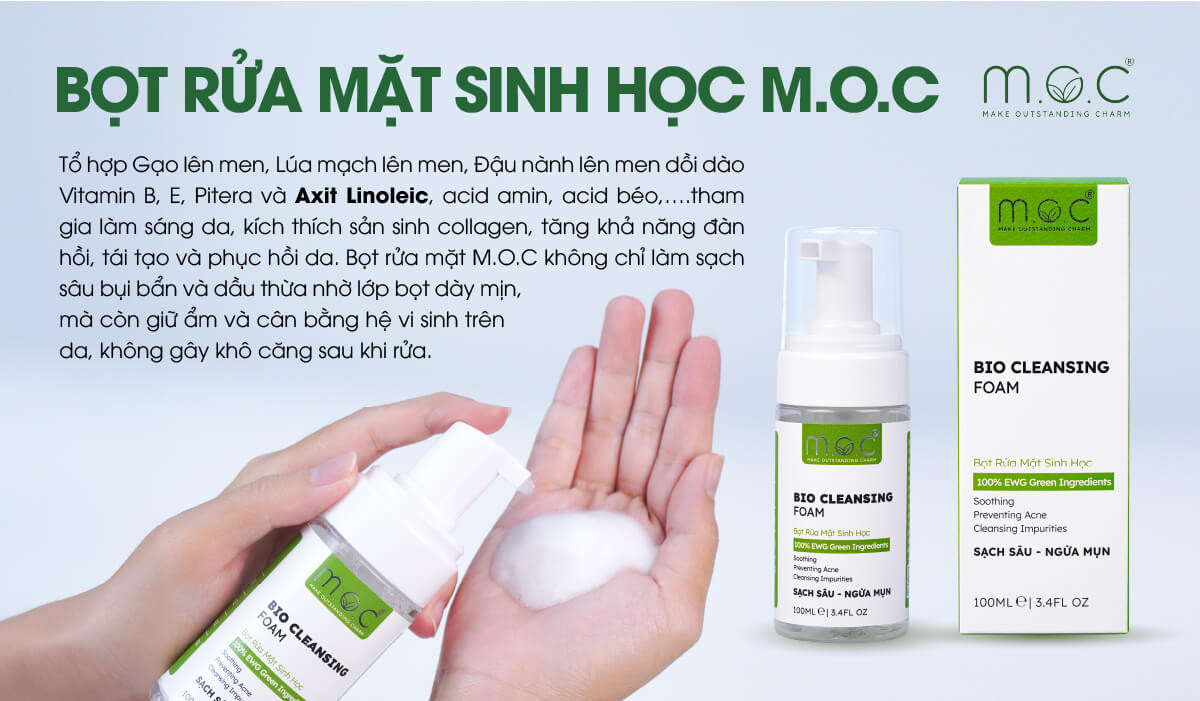 Bọt rửa mặt M.O.C chứa chiết xuất gạo, lúa mạch, đậu nành giàu vitamin B, vitamin E, Pitera, amino acid và đặc biệt là linoleic acid