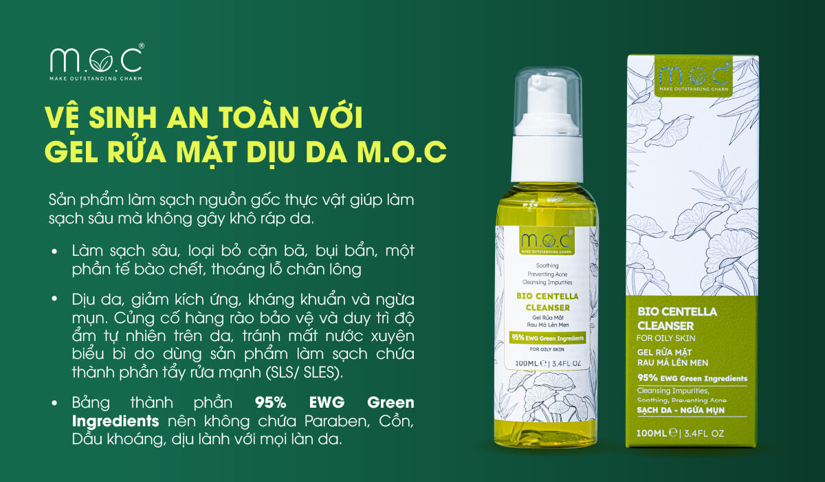Gel rửa mặt M.O.C giúp làm sạch da dịu nhẹ, hỗ trợ quá trình cải thiện và ngăn ngừa viêm da tiếp xúc do khẩu trang