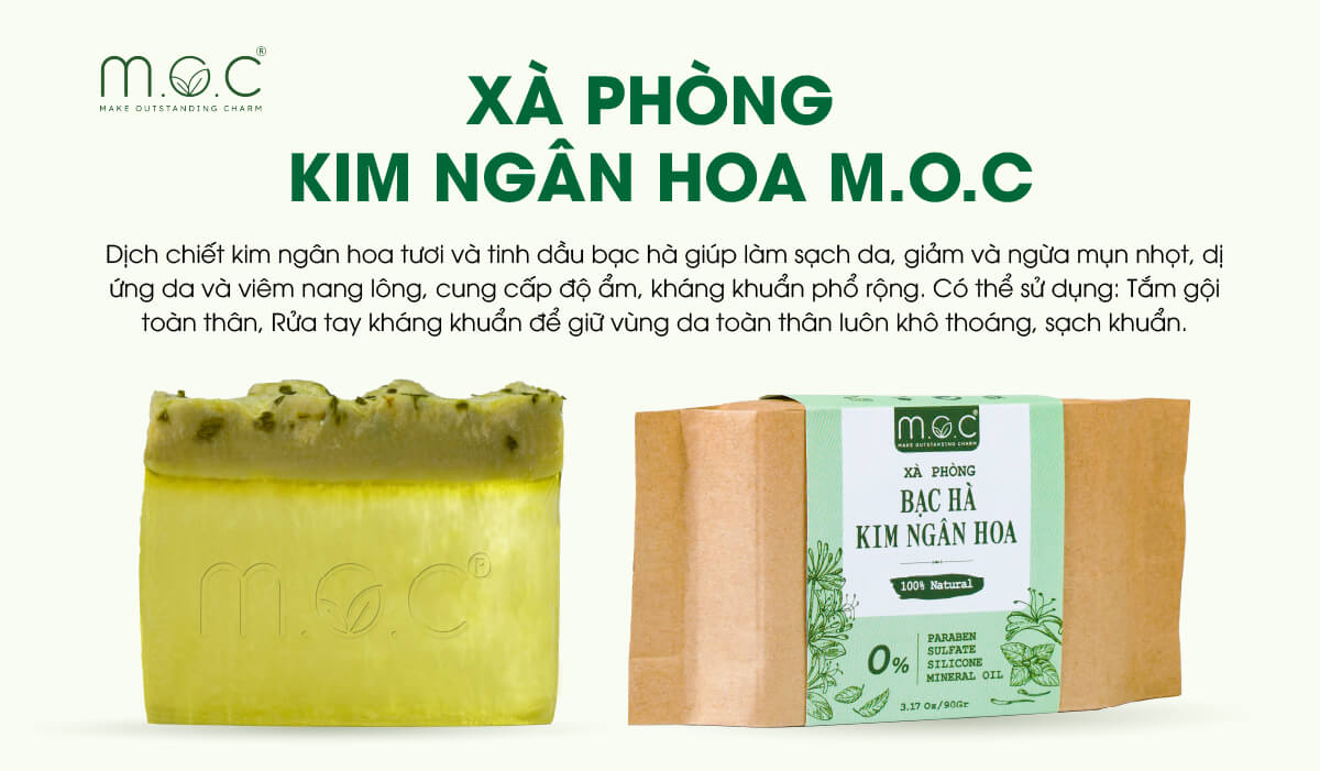 Xà phòng kim ngân hoa M.O.C có độ kháng khuẩn, kháng viêm cao giúp ngừa viêm nang lông tại nhà hiệu quả