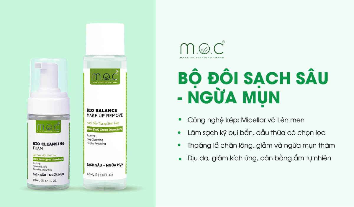 Bộ đôi sạch sâu, ngừa mụn, sáng da M.O.C gồm Bọt rửa mặt sinh học và Nước tẩy trang sinh học