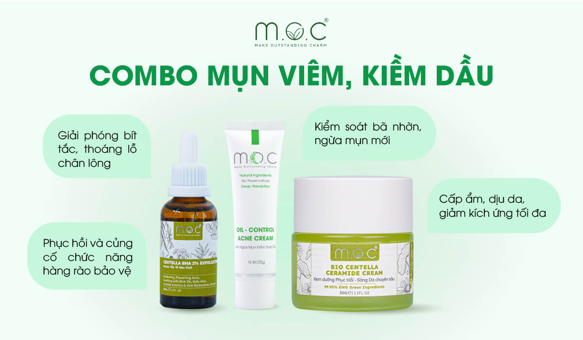 Combo mụn viêm, kiềm dầu M.O.C gồm Serum BHA, Kem dưỡng rau má Ceramide, Kem giảm mụn