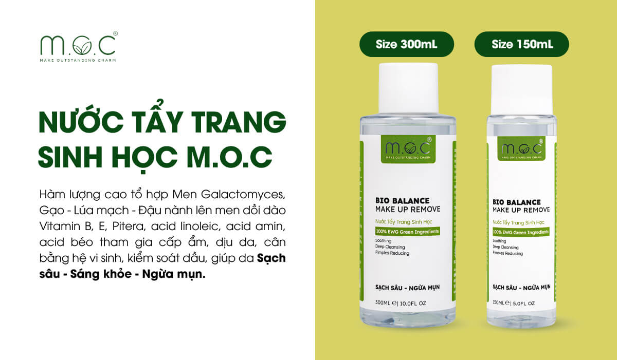 Nước tẩy trang sinh học M.O.C chứa men Galactomyces và các tổ hợp lên men (Lúa mạch, Gạo, Đậu nành)
