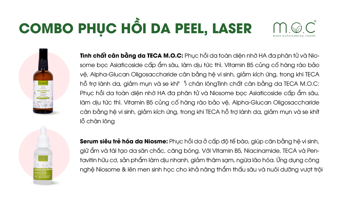 Combo phục hồi da Peel, Laser M.O.C gồm có: Tinh chất cân bằng da TECA, Serum Niosome TECA B3B5