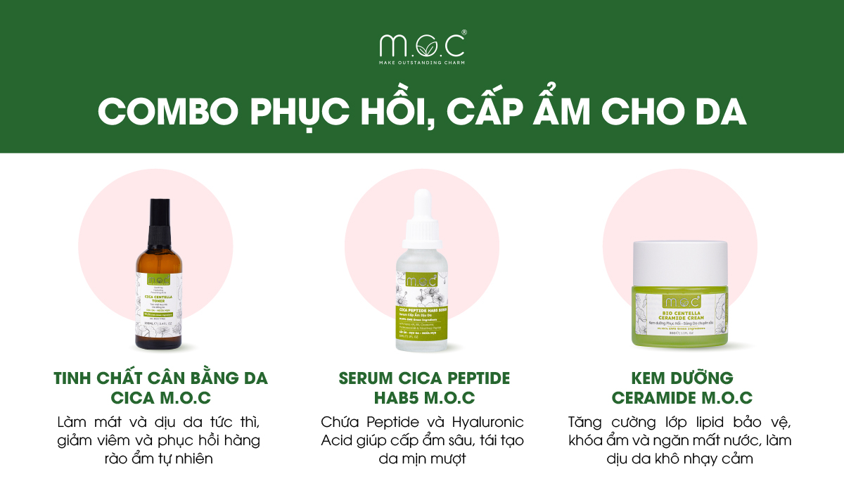 Combo phục hồi, cấp ẩm M.O.C gồm có: Tinh chất cân bằng da Cica, Serum Cica Peptide HAB5, Kem dưỡng rau má Ceramide