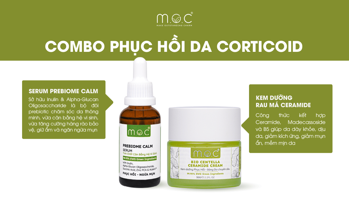 Combo phục hồi da nhiễm Corticoid M.O.C gồm có: Kem dưỡng rau má Ceramide, Serum cân bằng hệ vi sinh Prebiome