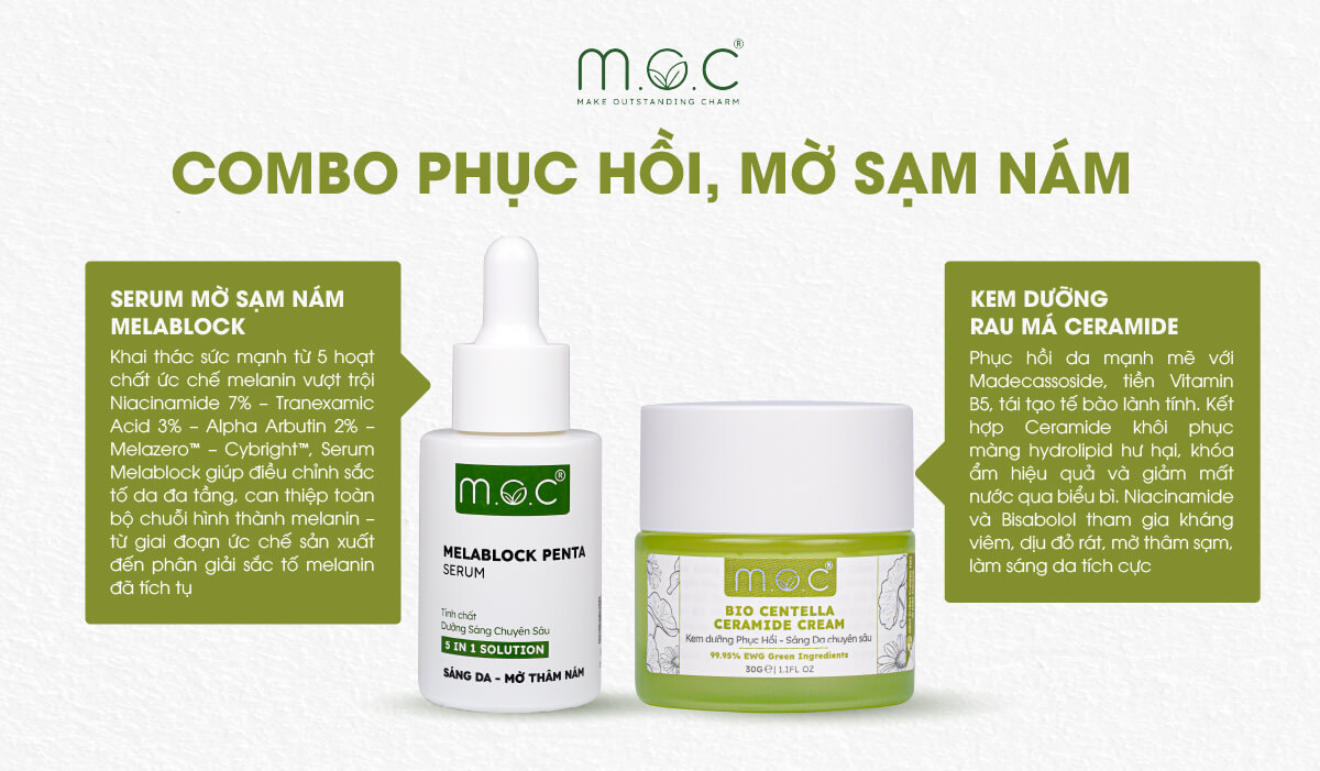 Combo phục hồi, mờ sạm nám M.O.C gồm: Serum Melablock Penta và Kem dưỡng rau má Ceramide