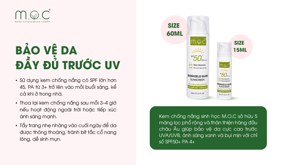 Kem chống nắng sinh học M.O.C bảo vệ da toàn diện trước UVA/UVB, Ánh sáng xanh, Bụi mịn với SPF50+, PA 4+
