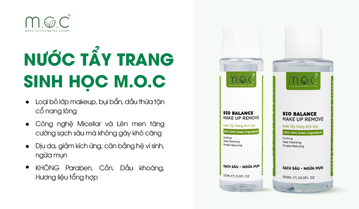 Nước tẩy trang sinh học M.O.C giúp loại bỏ hiệu quả tạp chất dư thừa, ngừa mụn, sáng da