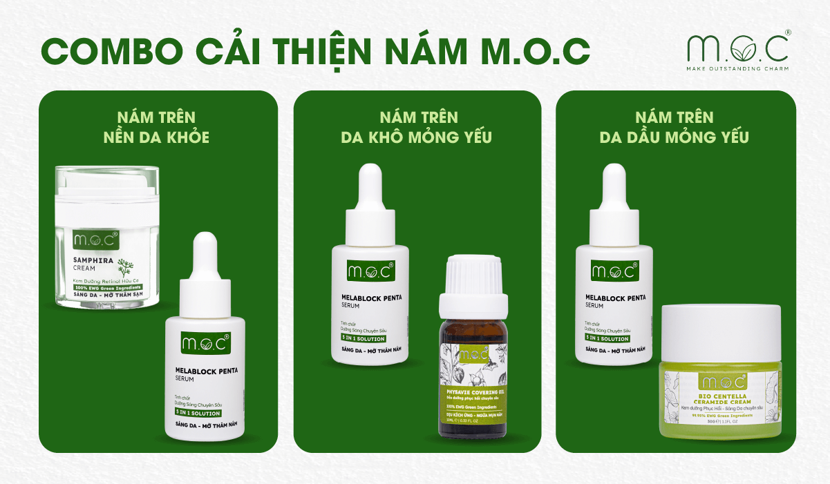 Combo cải thiện sạm nám da của M.O.C phù hợp với 3 nhóm da: Nền da khỏe, Da dầu mỏng yếu, Da khô mỏng yếu