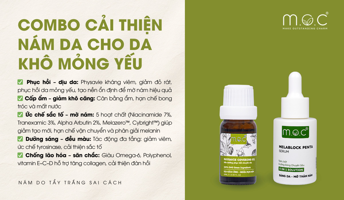 Combo cải thiện nám cho da khô mỏng yếu gồm: Serum ức chế sắc tố Melablock, Dầu dưỡng Physavie