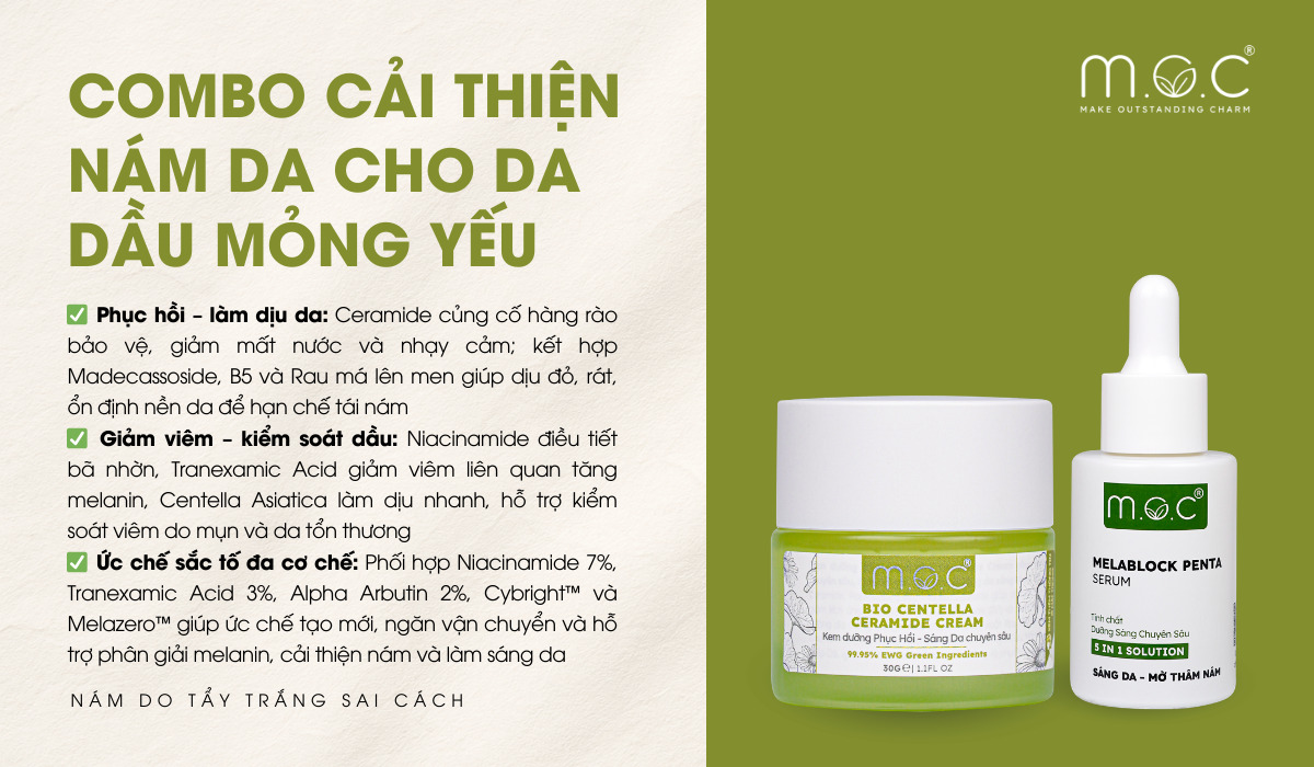 Combo cải thiện nám cho da dầu mỏng yếu gồm: Serum ức chế sắc tố Melablock, Kem dưỡng rau má Ceramide