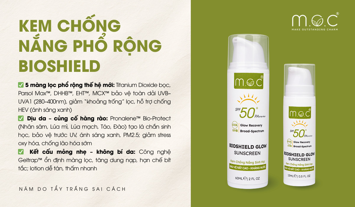 Kem chống nắng sinh học Bioshield M.O.C SPF 50+ PA4+ hỗ trợ cải thiện và ngăn ngừa nám da