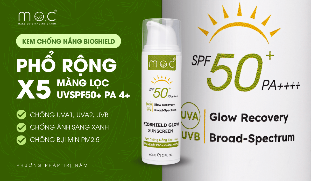 Kem chống nắng phổ rộng Bioshield M.O.C giúp ngăn ngừa và hỗ trợ cải thiện nám da tích cực