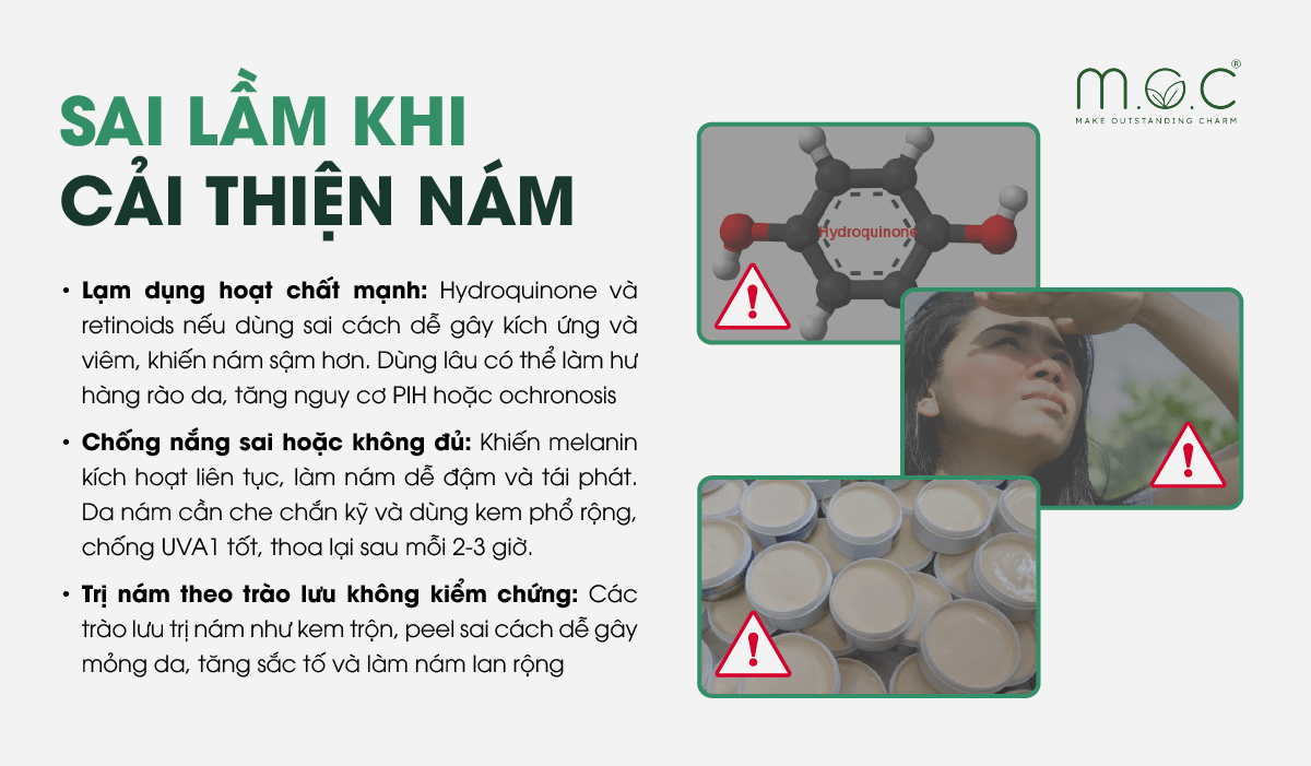 Sai lầm khi cải thiện nám là chỉ tập trung làm trắng nhanh mà bỏ qua chống nắng và phục hồi hàng rào da, khiến nám dễ tái phát